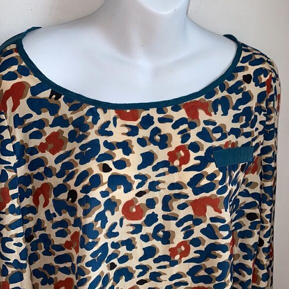 EDGE Turquoise, Cream and Orange Leopard Print Blouse-L - Picture 2 of 7